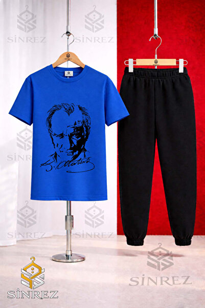 SİNREZ طقم بدلة رياضية للأطفال ATATURK SIGNATURE BLACK مطبوع تي شيرت
