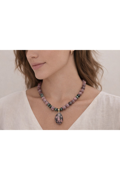 elinasaccessories Natural Stone Necklace Women's Necklace with Rhodonite Zois...
