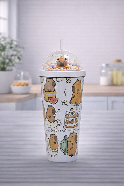 hediyeconcepti 550 ml Capybara Figured Children's Thermos Cup with Straw and ...