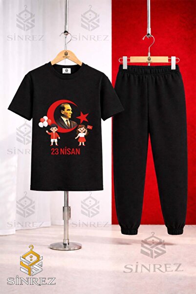 SİNREZ Children's Ata Hilal 2Li Cocuk 23 April Printed T-Shirt Sweatpants Set
