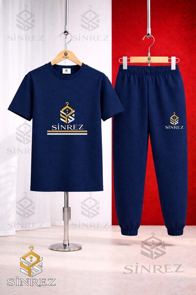 SİNREZ Children's Logo Two Line Printed T-Shirt Sweatpants Set