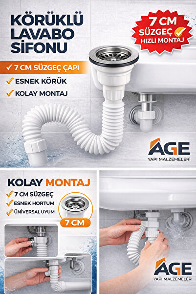 AGE YAPI Körüklü Lavabo Sifonu Lavabo Gider Borusu Hortum