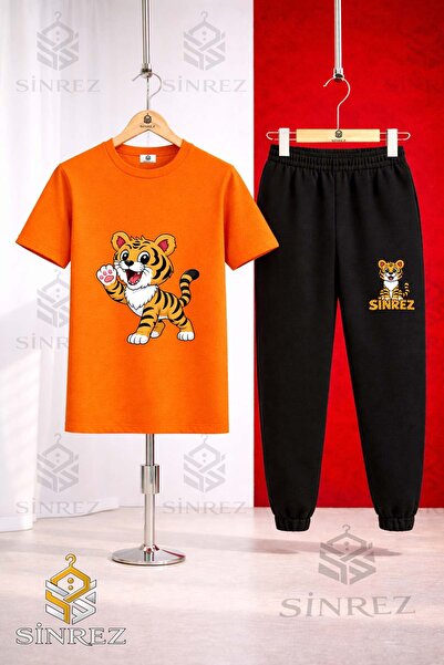 SİNREZ Children's Tiger Single Paw in the Air Printed T-Shirt Tracksuit Set