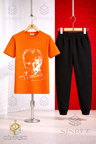 SİNREZ Children's Ataturk Signed White Printed T-Shirt Tracksuit Set