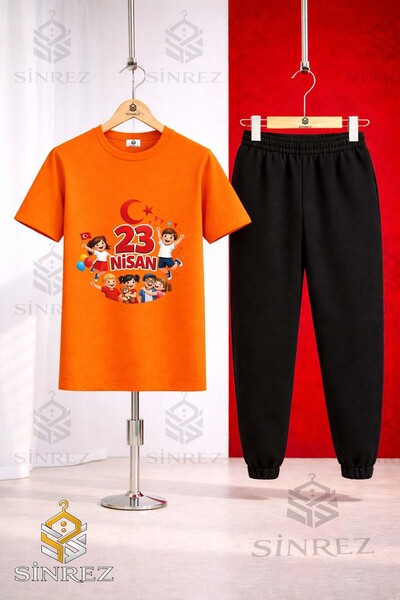 SİNREZ Children's Children's Writing 23 April Printed T-Shirt Sweatpants Set