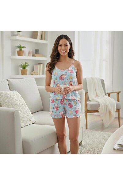 PEMBİŞ HOMEWEAR Синій комплект безрукавних шортів з тваринами