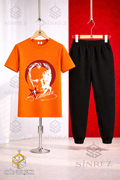 SİNREZ Children's Ataturk Red Moon Star White Printed T-Shirt Sweatpants Set