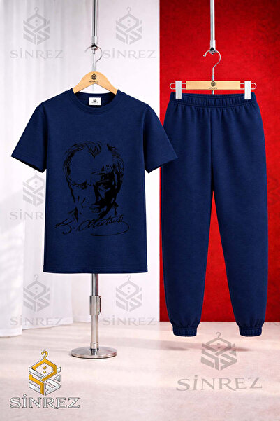 SİNREZ Children's Ataturk Signed Black Printed T-Shirt Tracksuit Set