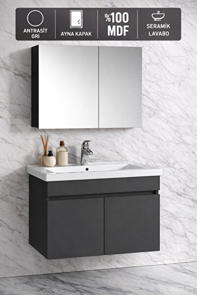 Multi Series 80 cm Antrasit Gri Mat Banyo Dolabı Takımı - Seramik Lavabolu Ay...