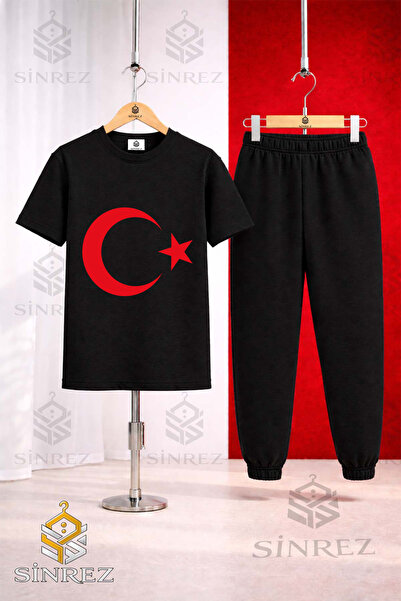 SİNREZ Children's Moon Star Red Printed T-Shirt Tracksuit Set
