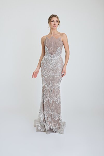 ROJBEY KADIN ABİYE STRAPLEZ KORSAJLI İNCİ VE TAŞ İŞLEMELİ BALIK KESİM ŞIK UZU...