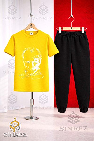 SİNREZ Children's Ataturk Signed White Printed T-Shirt Tracksuit Set