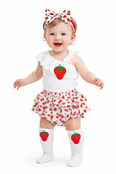 ues Kız Bebek Çilek Desenli Fırfırlı Şort Beyaz Tek Kol Ve Çorap Set