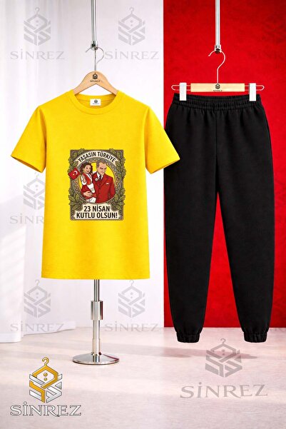 SİNREZ Children's Ata Kiz Cerceve 23 April Printed T-Shirt Sweatpants Set