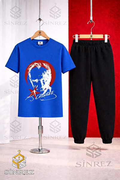 SİNREZ Children's Ataturk Red Moon Star White Printed T-Shirt Sweatpants Set
