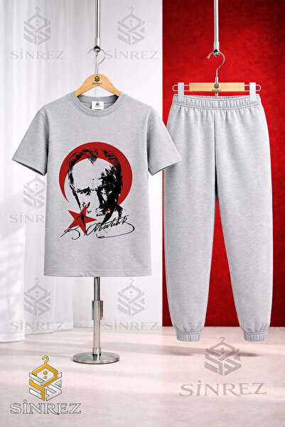 SİNREZ Children's Ataturk Red Moon Star Black Printed T-Shirt Sweatpants Set