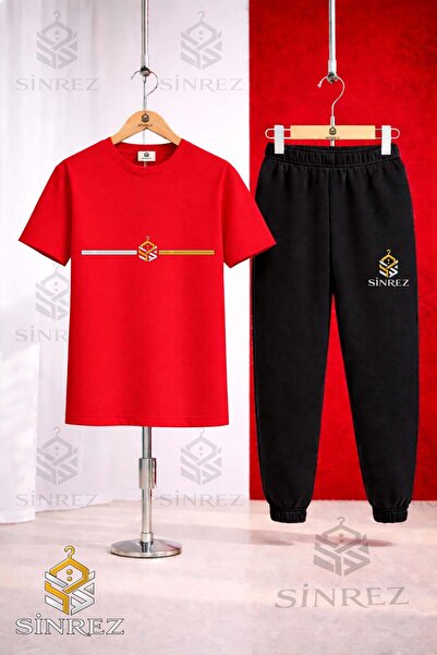 SİNREZ Children's Logo Yan Tek Cizgi Printed T-Shirt Tracksuit Set