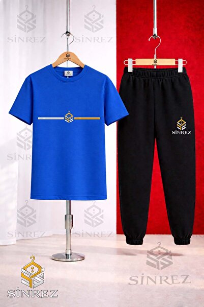 SİNREZ Children's Logo Yan Tek Cizgi Printed T-Shirt Tracksuit Set