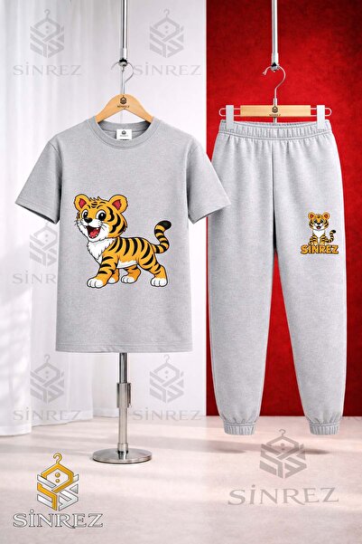 SİNREZ Children's Tiger Standing Printed T-Shirt Tracksuit Set