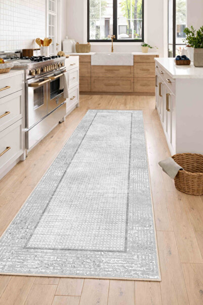 CENTER AVM Gri Halı Mutfak Halısı Makinede Yıkanabilir Halı Kaymaz Taban Halı