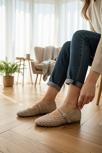 Moda fiesta Μπεζ γυναικεία παπούτσια με Μπαλαρίνα ρίγες, καθημερινά, άνετα κα...