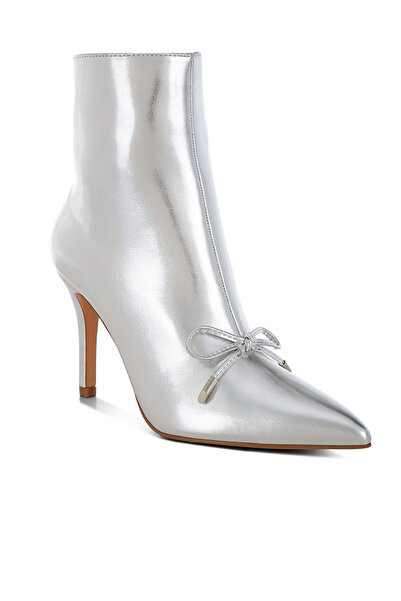 london Rag Women's Bow Detail Metallic High Ankle Boots in Silver