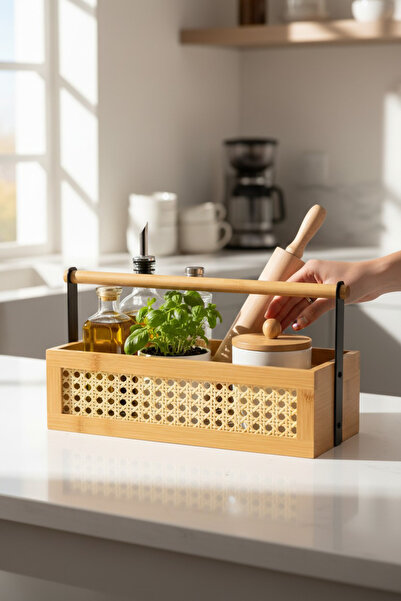 Paşabahçe Bambu Hasır Organizer Sepet - Bambu Saplı Çok Amaçlı Düzenleyici -M...