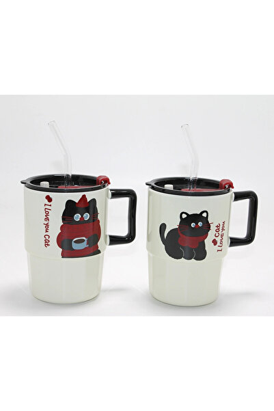 CT STONES Cute Confused Cat Figured Porcelain Mug with Straw and Lid