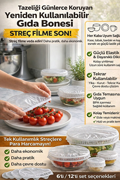 BLUE SİDE 12 Adet Tazeliği Koruyan Tencere Kapak Bonesi Gıda Bonesi Strech Ta...