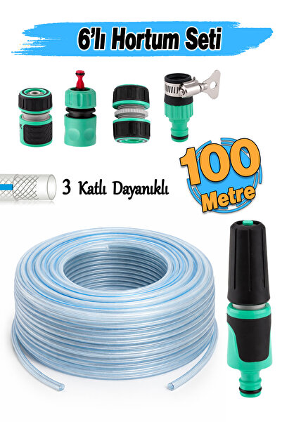 Badem10 Sulama Hortum 6'lı Bağlantı Adaptör Seti (100 Metre) Üç Katlı Şeffaf ...