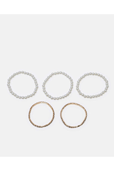 REDTAG طقم أساور نسائية ذهبية مكون من 5 قطع من اللؤلؤ والتنس