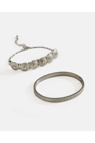 REDTAG طقم أساور فضية نسائية مكون من قطعتين
