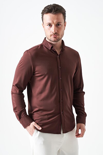 TENA Cămașă pentru bărbați, maro, cu mânecă lungă, Ripaş Dalgıç slim fit