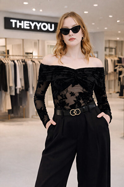 TheyYou Γυναικεία Με σχέδιο Διαφανές Κομψή Μπλούζα με Ανοιχτούς Ώμους – Βελού...