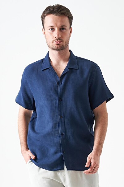 TENA Cămașă pentru bărbați, indigo, cu mânecă scurtă, guler Apaj, din muselin...
