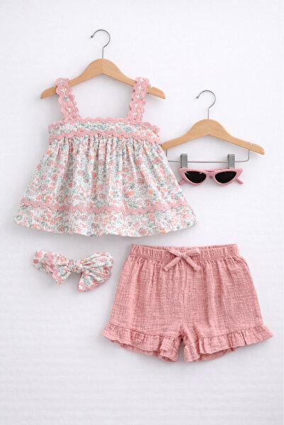 Victor and Jane Girls 4 Pc Set- Floral Peplum Top & Ruffle Shorts Set with Ma...