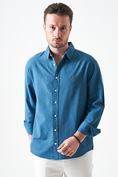 TENA Cămașă pentru bărbați Petrol cu mânecă lungă basic bumbac Flam Regular