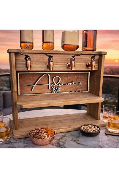 Bk Gift Kişiye Özel İsimli 4’lü Ahşap Viski Dağıtıcı Standı – Musluklu Mini B...