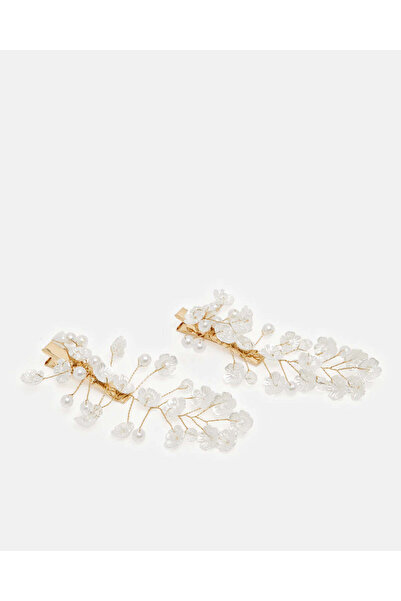 REDTAG مجموعة مشابك شعر مزينة باللونين الذهبي والأبيض للبنات (عبوة من قطعتين)