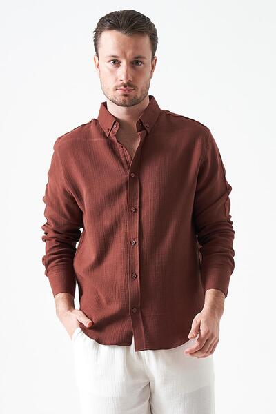 TENA Cămașă maro cu mânecă lungă pentru bărbați, regular basic Muslin