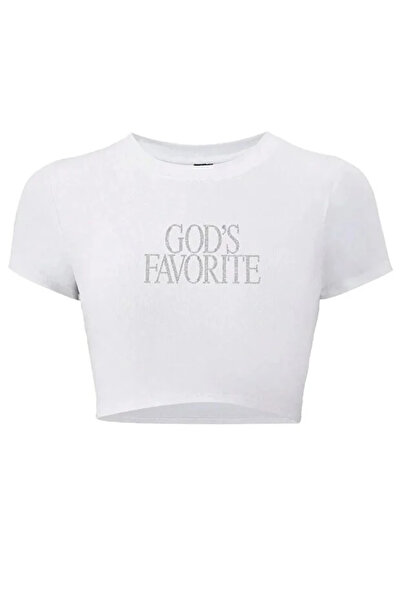 Bravebell Women's God's Favorite Written Glitter Stone Printed White Cropped