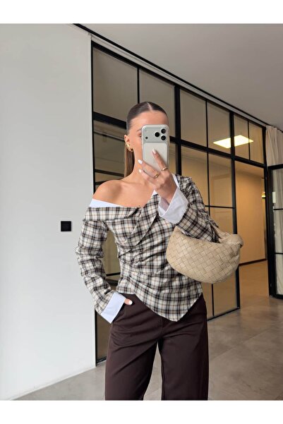 BB Bensu Buyruk Cămașă fără umăr pernițe pentru umeri LI ecosez ALB-MARO