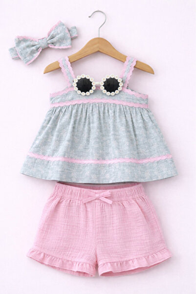 Victor and Jane Girls Sleeveless Smocked Top & Ruffle Shorts Set with Headban...