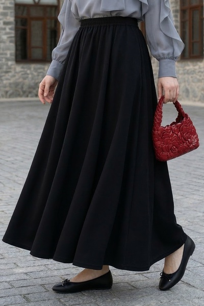 InStyle Fusta lungă cloș cu buzunare neagră din țesătură dublă