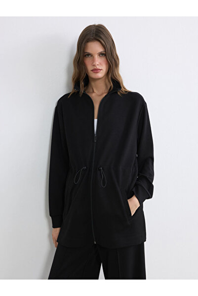 LC Waikiki سويت شيرت نسائي أسود ياقة مرتفعة متوسطة الطول برباط وسحاب