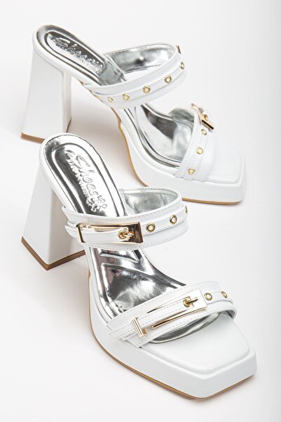 Delroshine Tommo White Patent Leather Platform Open Toe Thick Heeled Shoes