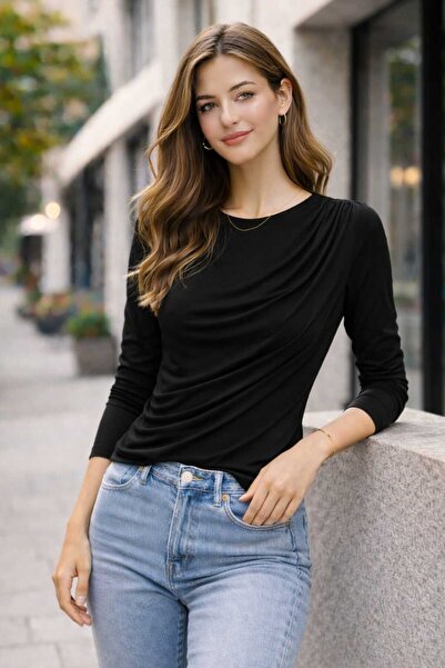 Tenra Omuz Drapeli Kadın Bluz Likralı Viskon Kumaş Modern Şık Uzun Kollu Bluz