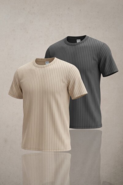 Altamira Erkek Bej Füme 2'li Krep Kumaş Salaş Çizgili T-shirt Seti