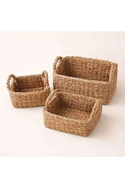 LEONEV سلة تنظيم من الخوص مكونة من 3 قطع (28x21x11 سم - 33x23x13 سم - 36x27x1...