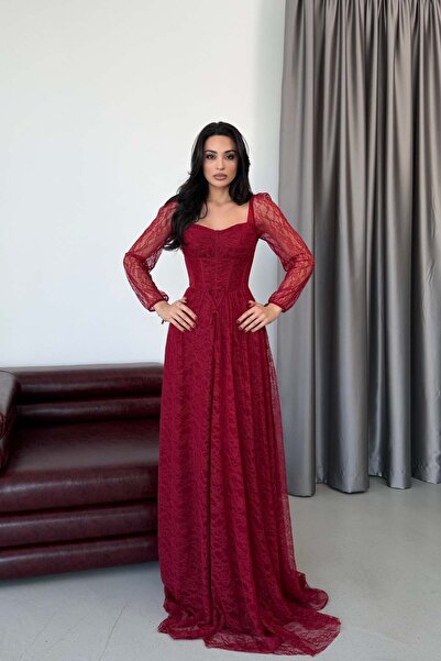 Serica Moda Βραδινό φόρεμα μπορντό με λαιμόκοψη καρδιά και λεπτομέρεια κορσέ ...